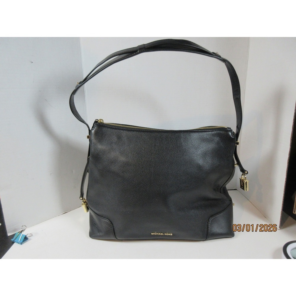 Michael Kors Black Pebbled Leather Shoulder Bag Gold Padlock Charms Hobo Tote